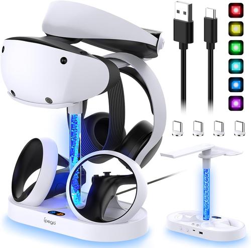 Station de Charge pour PSVR2 avec 9 Lumières RGB, Station de Charger pour Manette PlayStation VR2, Support de Casque et 4 Ports de Chargement Magnétiques de Type C