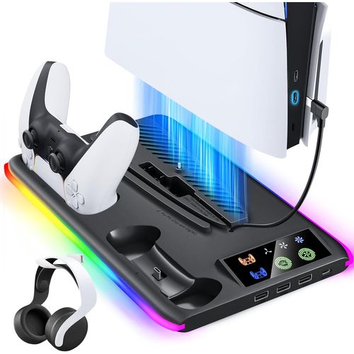 Chargeur de manette pour PS5/PS5 Slim/Pro : ventilateur de refroidissement PS5 et station de charge de manette, accessoires PS5 Stand/Slim/Pro, station de charge verticale pour console PlayStation 5