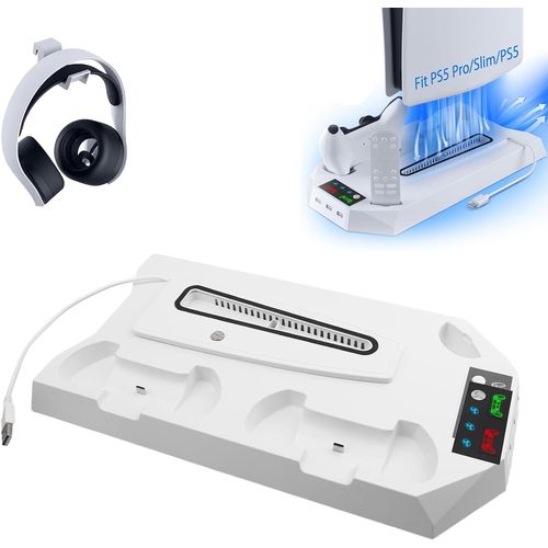 Support pour PS5/PS5 Slim/PS5 Pro avec ventilateur à 3 niveaux et 3 ports USB supplémentaires, support PS5, station de charge intégrée avec affichage LED et support pour casque pour PS5/PS5 Slim