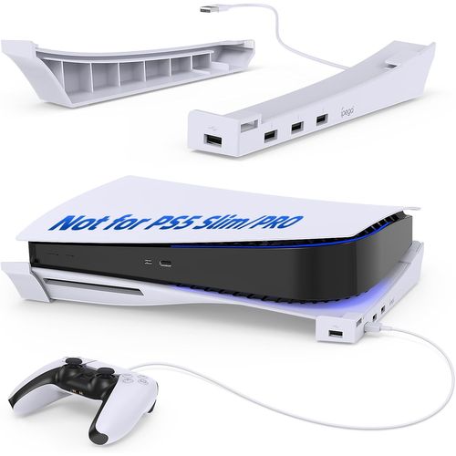 Support Horizontal pour Console PS5 avec Hub USB à 4 Ports, Upgraded Accessory Base Mount pour PlayStation 5 Disc & Digital Editions, Extension 3 Ports de Charge & 1 Port de Données USB 2.1