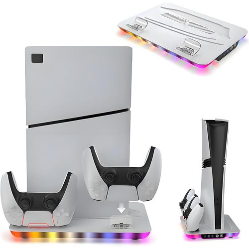 Support PS5 pour PS5/ Pro/Slim, Ventilateur de Refroidissement PS à 3 Vitesses, Chargeur Manette Play 5 avec Indicateur RVB, Socle PS Cinq avec 2 Ports USB