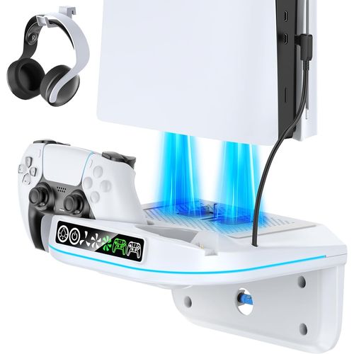 Support de Refroidissement Mural PS5 avec Chargeur de Manette, Ventilateur avec 3 Vitesses et Éclairage Ambiant RVB, Support PS5 Compatible avec PS5/ Slim/ Pro, Station de Recharge et Accessoire PS 5