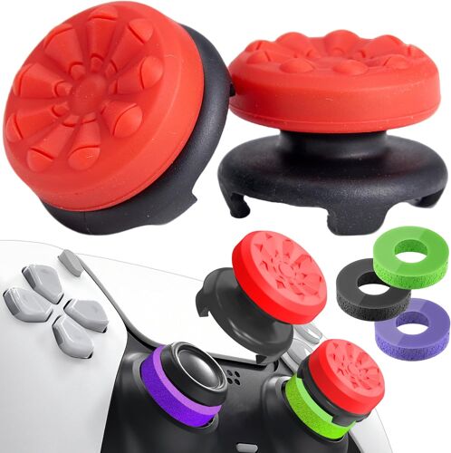 Grip Joystick pour PS5 - FPS Capuchons Joystick pour PS5 & PS4 Accessoires Manette 2 Thumbsticks Grip + 3 Anneaux de Précision Controller Thumb à Aide avec Viser Réduire Pouce Fatigue, Rouge
