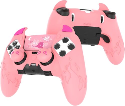 PlayVital Coque pour ps5 Edge Grip Manette avec Protection Joystick pour ps5 Edge Controller Accessoires & Autocollant Pavé Tactile,Housse Silicone Antidérapant Cover Skin-Rose,Démon Mignon