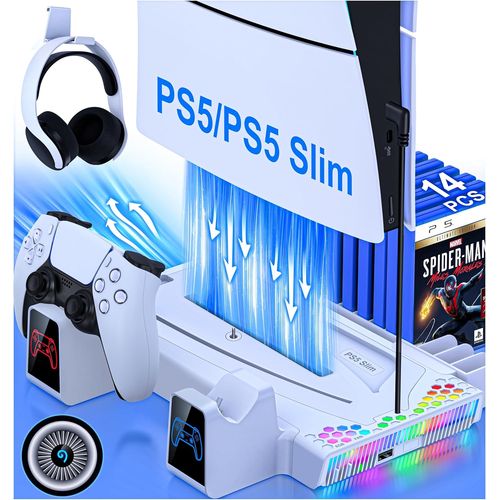 Refroidisseur PS5, Support PS5 avec Ventilateur de Refroidissement/Chargeur Double Manette/14 Emplacements de Jeu/Lumières RVB/Port USB, Socle PS5 pour PS5 Disc/Digital Edition/PS5 Slim