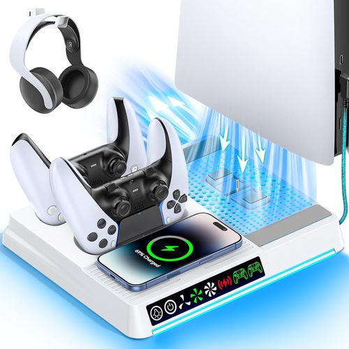 Support de Refroidissement PS5 Compatible PS5/PS5 Slim/PS5 Pro, Chargeur Manettes PS5 avec Charge sans Fil, Support PS5 avec Ventilateur 3 Vitesses et Lumière RVB, Station de Charge et Rangement