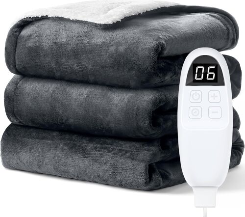 Couverture Chauffante 130x180 cm, 6 Niveaux de Chauffage, Minuterie 1 à 10 h, Arrêt Automatique, Lavable en Machine, Plaid Chauffant électrique Sherpa Flanelle, Gris
