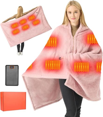 Graphene Plaid Chauffant Poncho 170x92cm - sans Fil 7.4V 20000mAh Batterie, Doublure Polaire & Flanelle, Chauffage 6 Zones, 3 Températures, Lavable (Femmes/Hommes)