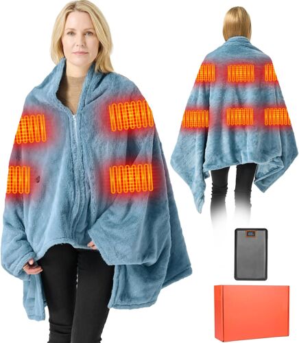 Graphene Plaid Chauffant Poncho 170x92cm - sans Fil 7.4V 20000mAh Batterie, Doublure Polaire & Flanelle, Chauffage 6 Zones, 3 Températures, Lavable (Femmes/Hommes)