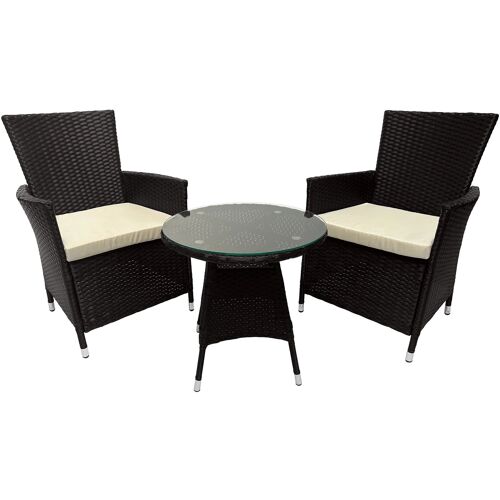 Ensemble De Jardin Extérieur 3 Pièces 2 Fauteuils Résine Tressée Marron Foncé Et Table Ronde En Verre 10_0007922