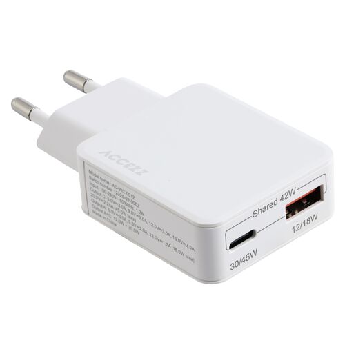 Accezz Chargeur GaN Ultra Slim USB-C + USB-A 45 W Blanc