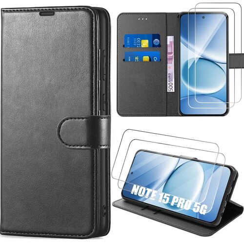 Coque pour Xiaomi Redmi Note 15 Pro 5G, Anti-Rayures Antichoc Effet Cuir Noir - 2 Verres Trempés - E.F.Connection
