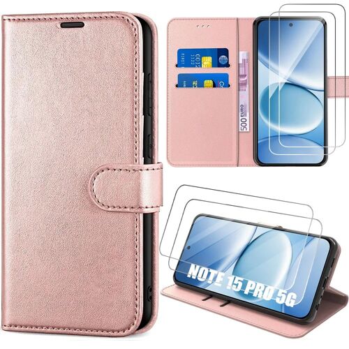 Coque + 2 Verres Trempés pour Xiaomi Redmi Note 15 Pro 5G, Cuir Synthétique Anti-Rayures Rose - E.F.Connection