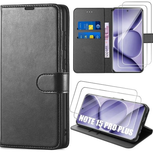 Coque Synthécuir pour Xiaomi Redmi Note 15 Pro Plus 5G, Protection Anti-Rayure - Noir - 2 Vitres - E.F.Connection