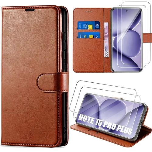 Coque + 2 Verres Trempés pour Xiaomi Redmi Note 15 Pro Plus 5G, Anti-Rayures Effet Cuir Marron - E.F.Connection