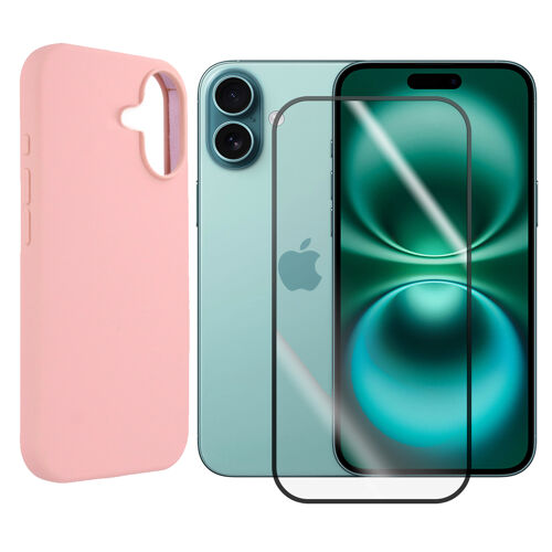Verre trempé avec bordures Noires + Coque de protection Rose souple silicone Compatible pour iPhone 16 Plus 6.7"" - Visiodirect -