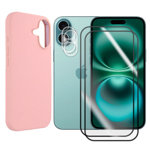 Lot de 2 Verre trempé avec bordures Noires Compatible pour iPhone 16 Plus 6.7""+ Lot de 2 Verre Trempé Caméra Arrière + Coque souple silicone Rose - Visiodirect -