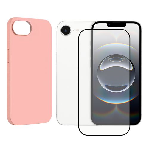 Verre trempé avec bordures Noires + Coque de protection Rose souple silicone compatible pour iPhone 16E (SE4) 6.1"" - Visiodirect -