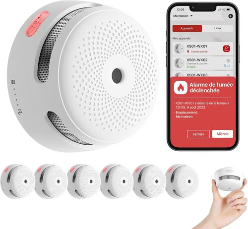 Détecteur de Fumée Connecté avec Pile Remplaçable, Détecteur de Fumée Wi-FI Conforme à la Norme EN14604, Notifications Via l`Application, XS01-WX, Lot de 6