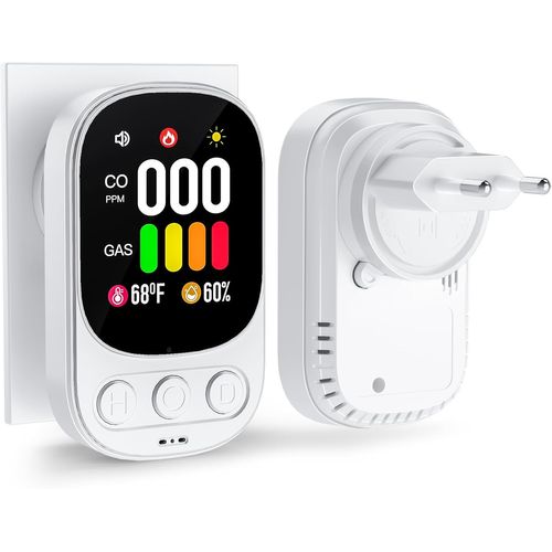 4 in 1 Plug in Detecteur Monoxyde Carbone (sans Piles) - Détecteur de Monoxyde de Carbone avec Affichage Température et Humidité - Norme en 50291 - Alarme 85 DB - Blanc