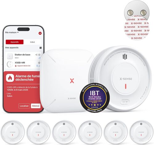 Détecteur de Fumée Connecté avec Station de Base SBS50 avec Pad Adhésif Magnétique, Alarme Incendie Intelligent avec Durée de Vie de 10 Ans et Batterie Remplaçable, Fonction APP, XS0D-MR61