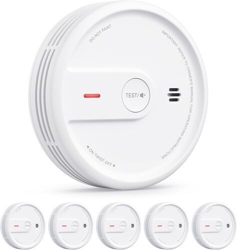 Détecteur de Fumée, Pile 10 Ans Intégrée avec Voyant LED et Bouton Silence, Alarme Incendie Compacte, XS0E-SN, Lot de 5