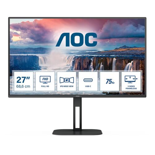 AOC Value-line 27V5CE/BK - V5 series - écran LED - 27" - 1920 x 1080 Full HD (1080p) @ 75 Hz - IPS - 300 cd/m² - 1000:1 - 4 ms - HDMI, USB-C - haut-parleurs - noir