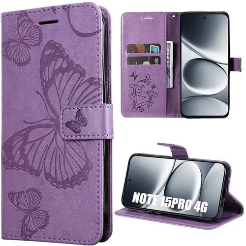 Coque pour Xiaomi Redmi Note 15 Pro 4G, Anti-Rayures Cuir Synthétique Violet Motif Papillon - E.F.Connection