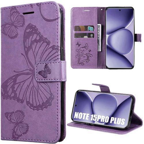 Coque pour Xiaomi Redmi Note 15 Pro Plus 5G, Protection Rabat Synthécuir Motif Papillon - Violet - E.F.Connection