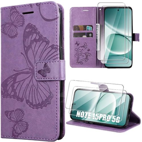 Coque Synthécuir pour Xiaomi Redmi Note 15 Pro 5G, Motif Papillon Violet - 2 Verres Trempés - E.F.Connection
