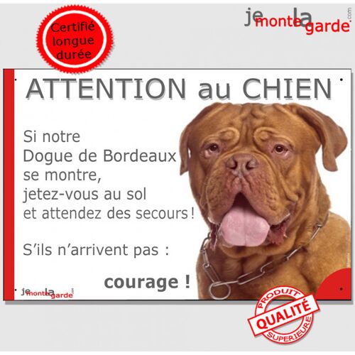 Dogue De Bordeaux À Face Rouge, Plaque Portail Photo Humour "Attention Au Chien, Jetez Vous Au Sol Et Attendez Des Secours, Sinon Courage" Résiste Pluie Soleil Gel, Idée Cadeau, 24 Par 16 Cm