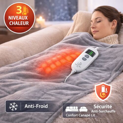 Couverture chauffante électrique 1 personne – Plaid chauffant canapé lit – 3 niveaux chaleur – Sécurité anti surchauffe – Confort hiver