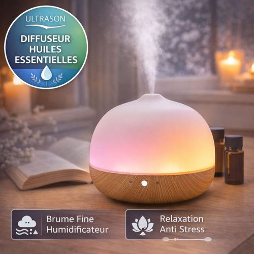 Diffuseur huiles essentielles ultrason – Brume fine humidificateur – LED ambiance – Relaxation anti stress – Maison hiver