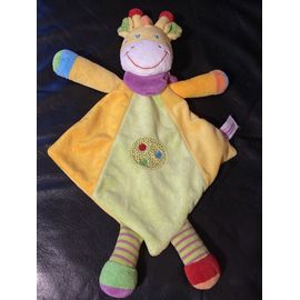Doudou plat girafe POMMETTE Intermarché vert jaune bandana violet 35cm
