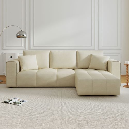 Canapé d'angle convertible 4 places avec coffre en velours beige BRIGHTON