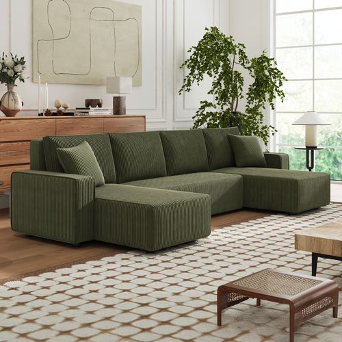 Canapé panoramique convertible 6 places avec coffre en velours côtelé vert SALISBURY