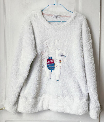 Galeries Lafayette Pull Pyjama Blanc En Polaire Corail À Motif Renne De Noël, Taille Xs, Bon État