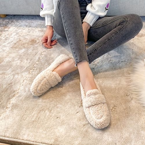 Chaussures En Peluche Unies Pour Femmes, Nouveauté Automne/Hiver 2024, Chaussures Plates Doublées, Chaussures Pour Femmes - 35