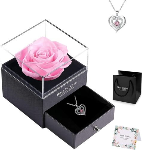 Rose Éternelle idee Cadeau Noël Maman Femme Rose avec Collier Cadeau Fete des Meres Rose Eternelle sous Cloche Cadeau Cadeau Anniversaire Maman Original Cadeaux pour Maman Grand-mère