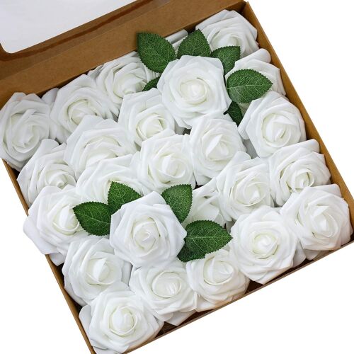 Mousse Rose Artificielles Fleurs Fausse Roses Faux Bouquet pour DIY fête Maison Mariage Décoration (25 pièces, Blanche)