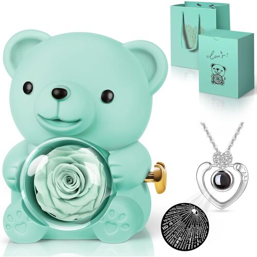 Rose Eternelle avec Collier I Love You, Nounours Ours en Rose Idee Cadeau pour Femme Mère Maman Amie, Cadeau Fete des Meres, Cadeau Saint Valentin Femme Cadeau Original Noel Anniversaires