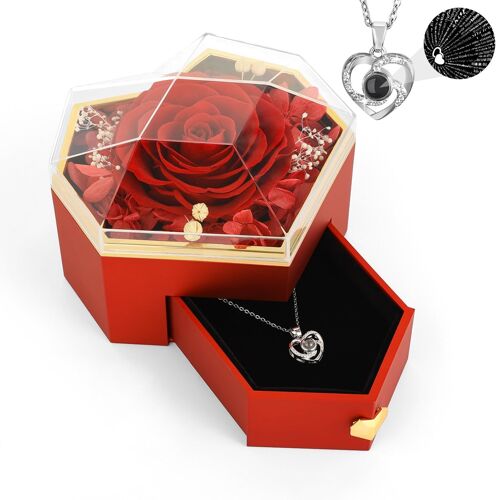 Collier Avec Rose Préservée, Chaîne De Cou Avec Pendentif De C?ur De Je T'aime En 100 Langues, Bijoux De Cou Exquis Pour Femmes Filles Mères Anniversaire Fête De Saint-Valentin, Rouge