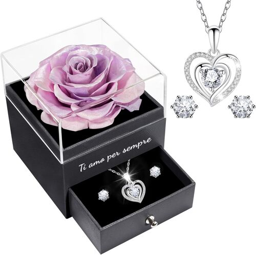 Amour Cadeau Noël pour Femme&Amie&Maman&Mamie, Vraie Rose Eternelle avec Bijoux, Ti amo per Sempre avec Coeur Collier pour Anniversaire Noël Saint Valentin Fête des Mères