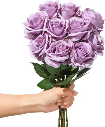 Lot de 10 roses artificielles en soie - 54 cm - Longue tige - Réalistes - Pour bricolage, fleurs de mariage, bouquets de mariée, arrangements, fêtes et décoration de maison (lilas)