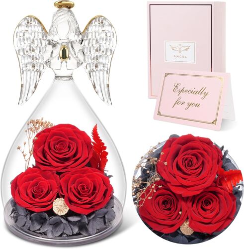 Cadeau Saint Valentin Femme, Rose Eternelle Cadeau Maman, 3 Fleur Eternelle avec Ange Figurine, Cadeau Anniversaire Femme, Cadeau Maman/Mamie, Ange Gardien Vraie Rose, Cadeau Fete des Grand Mere