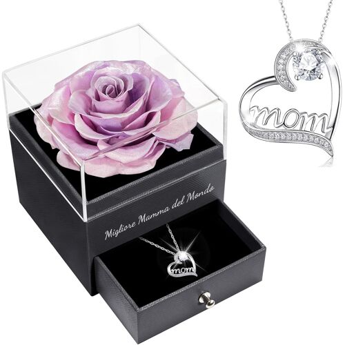 Idee Cadeau Maman,Rose Eternelle avec Bijoux avec Argent 925 Collier, Migliore Mamma del Mondo, Rose Préservée Fleurs Cadeau pour la fête des Mères Anniversaire Noel Cadeau pour Maman Grand-mère