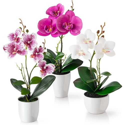 ® Fleurs artificielles en Pot (35 cm) Lot de 3 orchidées, Arrangement artificiellement coordonné dans des Pots en céramique Brillante, Fleurs décoratives orchidées artificielles (Blanc-Rose)
