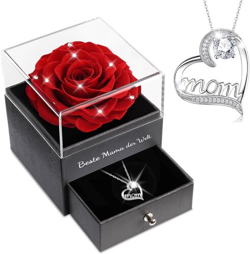 Idee Cadeau Maman,Rose Eternelle avec Bijoux avec Argent 925 Collier, Beste Mama der Welt, Rose Préservée Fleurs Cadeau pour la fête des Mères Anniversaire Noel Cadeau pour Maman Grand-mère
