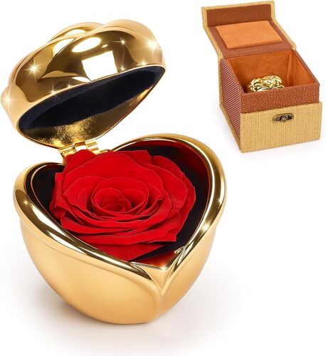 Rose préservée dans une boîte en jute avec rose métallique dorée - Cadeau élégant pour la Saint-Valentin, la fête des mères et les anniversaires pour ranger des colliers, des bagues et des