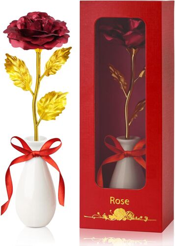 Rose Eternelle Cadeau Maman Femme Belle Mère Meilleure Amie, Idee Cadeau Noel Fête des Mères Cadeaux Saint Valentin Femme Anniversaire 24k Or Rose artificielles (Rouge)